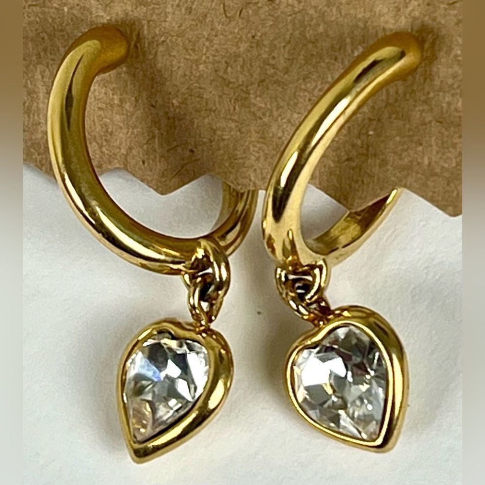 Vintage Monet Gold Heart Crystal Dangle Earrings